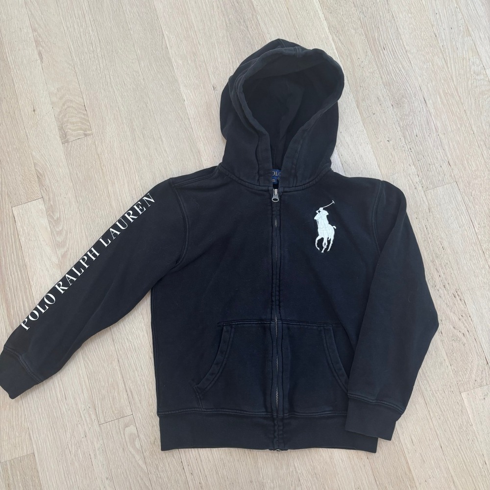 Polo Ralph Lauren Zip Hoodie Boys Size 8 Black Good Big Pony Logo